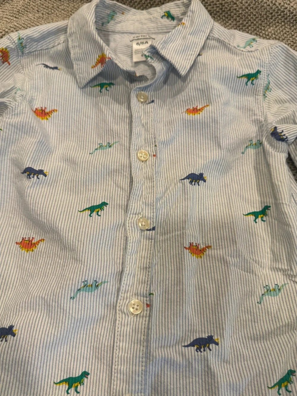 Carter's Light Blue Striped Button-Front Dino Shirt